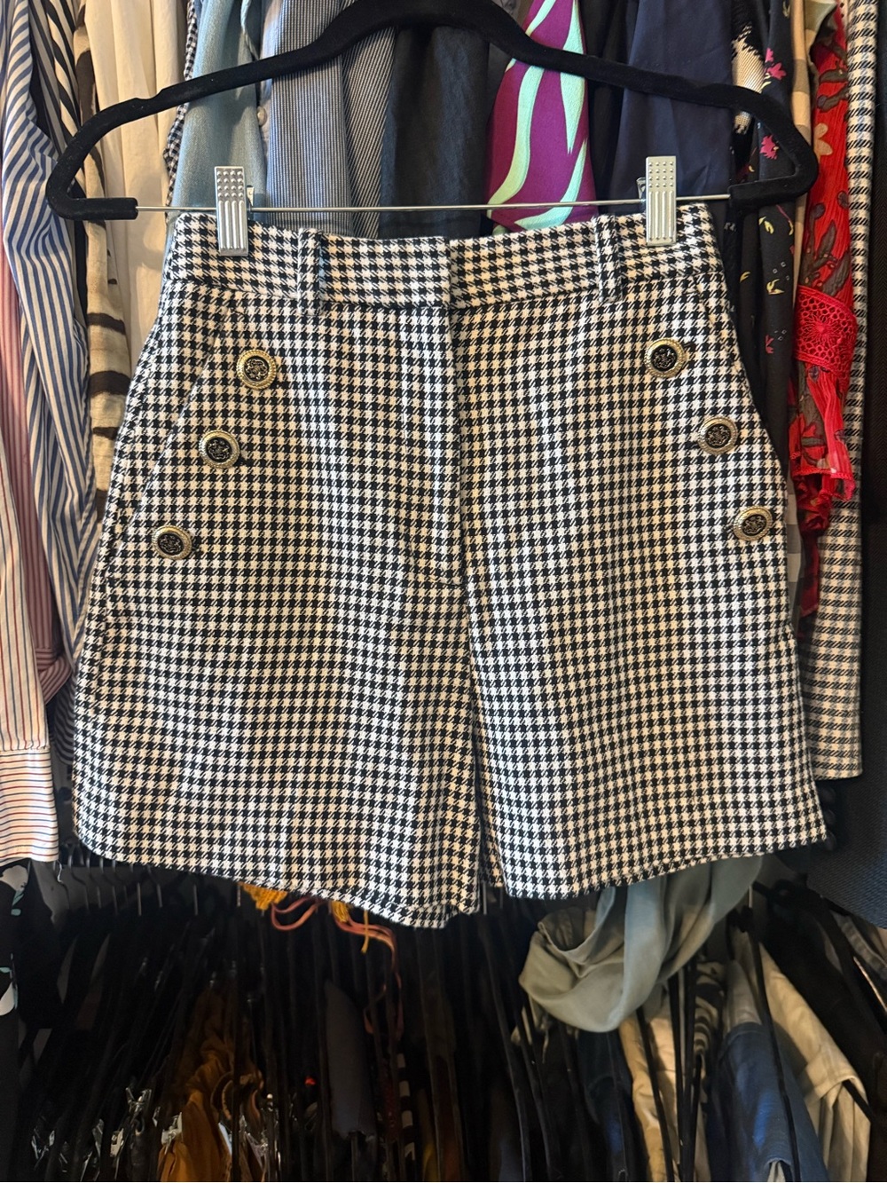 Zara Black and White Houndstooth High-Waist Shorts with Gold Buttons